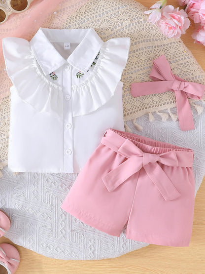 SUREPOCH Baby Girl Clothes Toddler Summer Embroidery Short Shirt Pant Girl Outfit Sleeveless Top Clothes Set