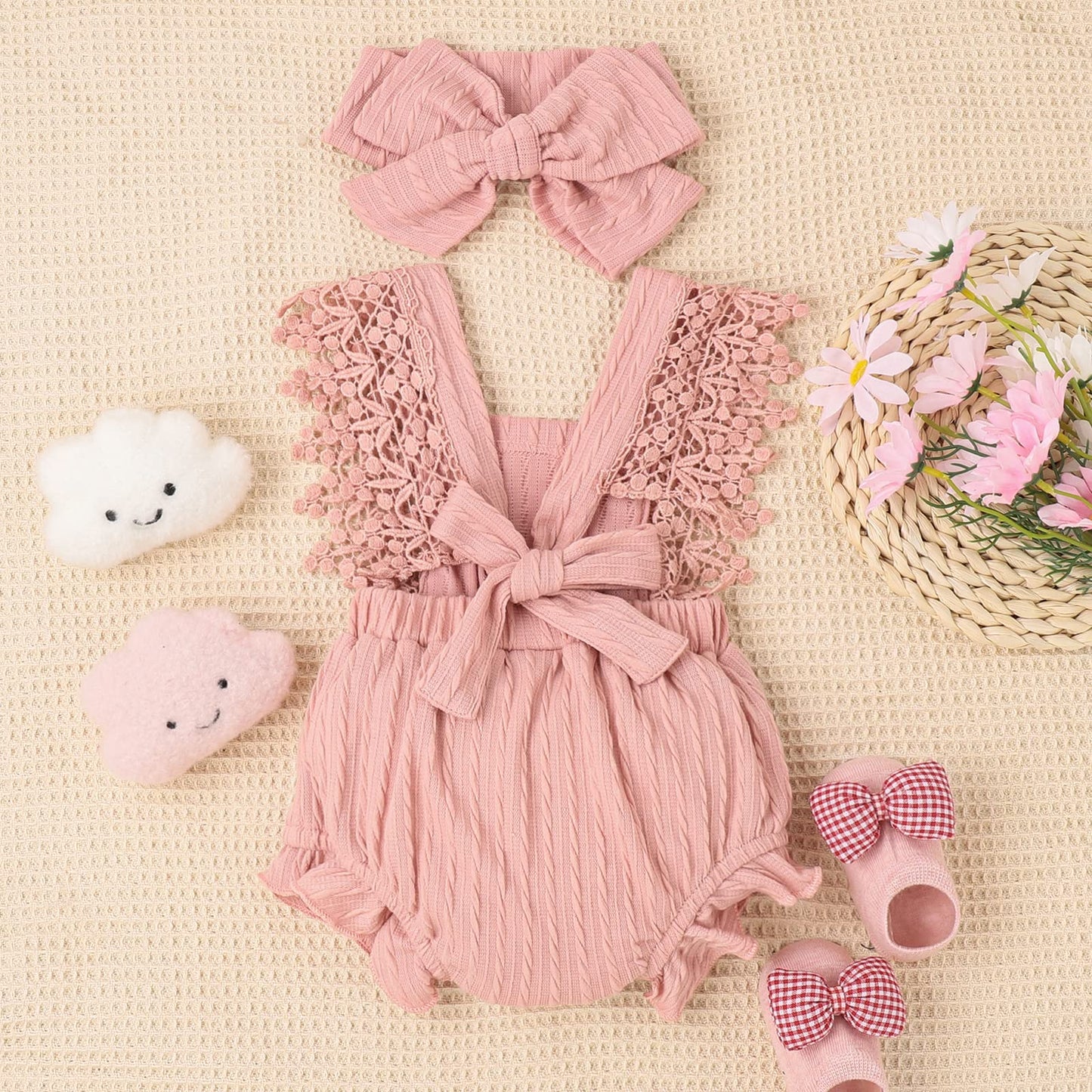 Newborn Baby Girl Lace Romper Ruffle Sleeveless Backless One Piece Jumpsuit Bodysuit with Headband Summer Clothes