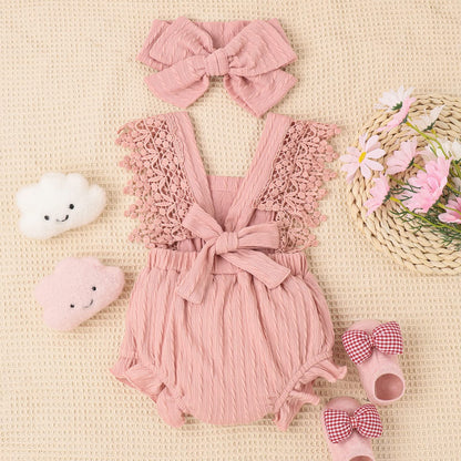 Newborn Baby Girl Lace Romper Ruffle Sleeveless Backless One Piece Jumpsuit Bodysuit with Headband Summer Clothes