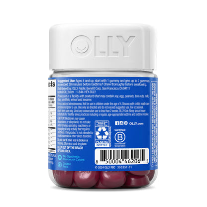 OLLY Kids Sleep Gummy, 0.5mg Melatonin, L Theanine, Chamomile, and Lemon Balm, Childrens Chewable Supplement, Raspberry - 50 Count