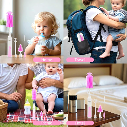 Electric Bottle Brush Cleaner New Upgrade, Portable Electric Baby Bottle Brush Cleaner for Travel, Travel Bottle Cleaner Kit with Nipple & Straw Brush, Perfect Mom Essentials After Birth Gift, Green