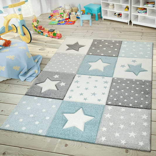 Paco Home Kids Rug for Nursery Checkered with Dots & Stars in Blue White Grey, Size: 3'11" Round