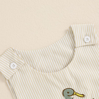 Baby Boy Summer Clothes Sleeveless Embroidery Dinosaur Striped Retro Romper Jumpsuit Smocked Shortall