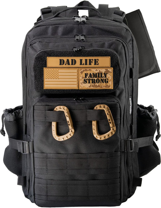 Dad Diaper Bag for Men with Removable Patches, Waterproof Tri-fold Changing Pad, Insulated Pouches, Molle Webbing, YKK Zippers, Black