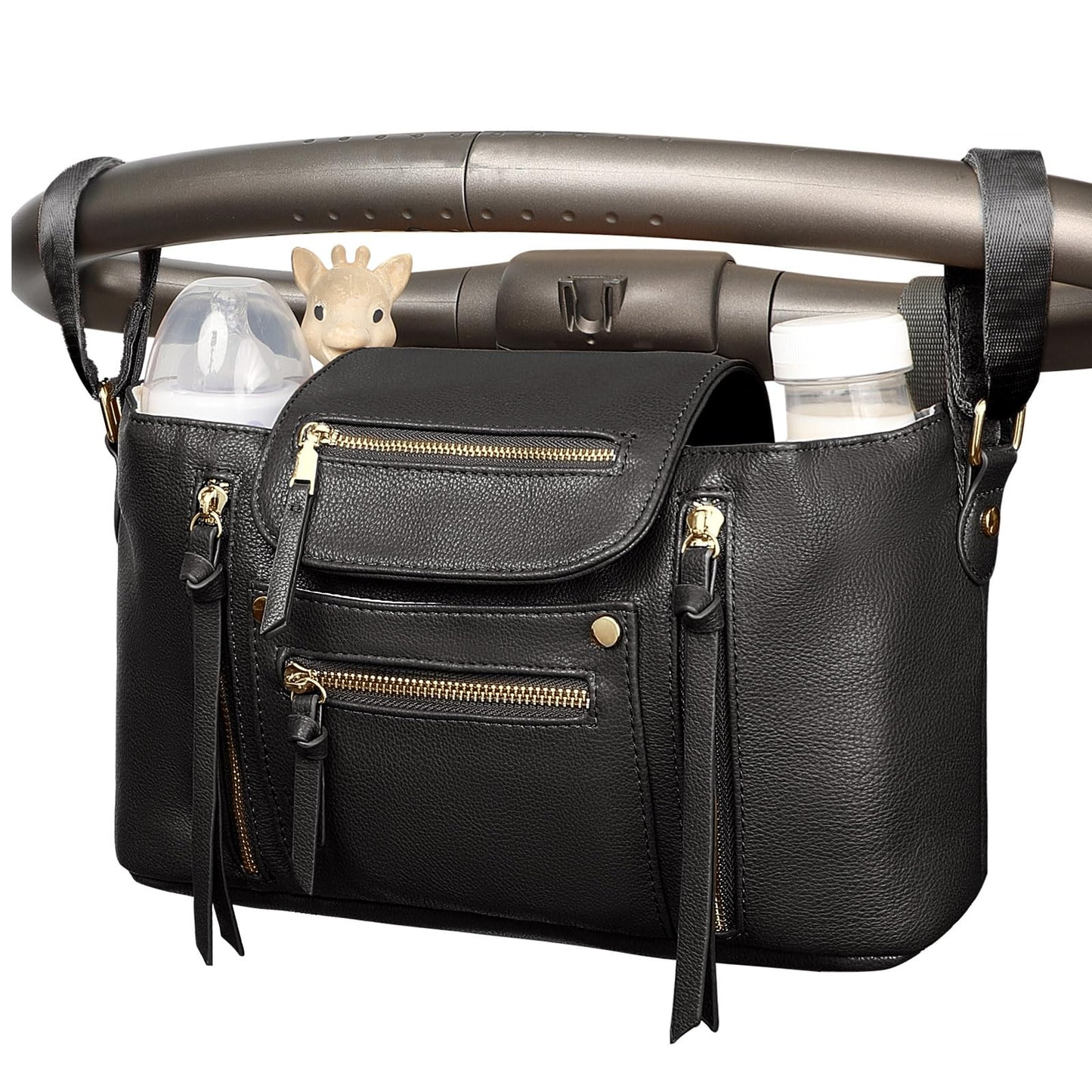 miss fong Stroller Organizer with Insulated Cup Holder Stroller Caddy Stroller Accessory BagStroller Diaper Bag Stroller Storage Stroller Bag with Adjustable Strap to Fit All Strollers (Black)
