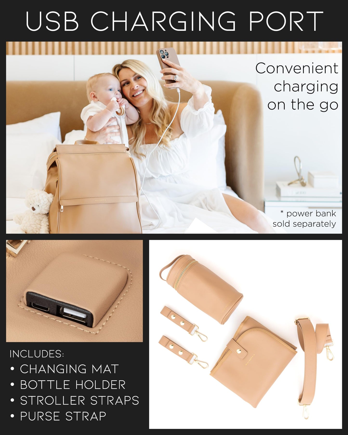 Leather Diaper Bag Backpack with USB Charging port, Changing Pad, Stroller Straps, and Bottle Holder (Brown Olivia)