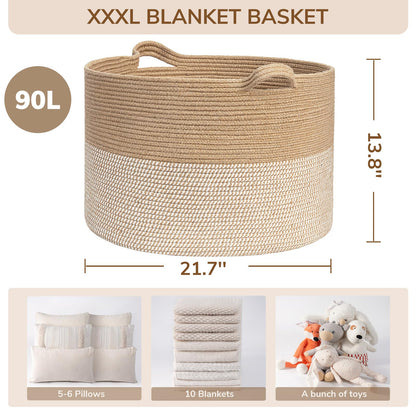 INDRESSME XXXLarge Cotton Rope Basket 21.7" x 21.7" x 13.8" Woven Baby Laundry Blanket Basket Toy Baskets with Handle Storage Comforter Cushions Thread Laundry Hamper
