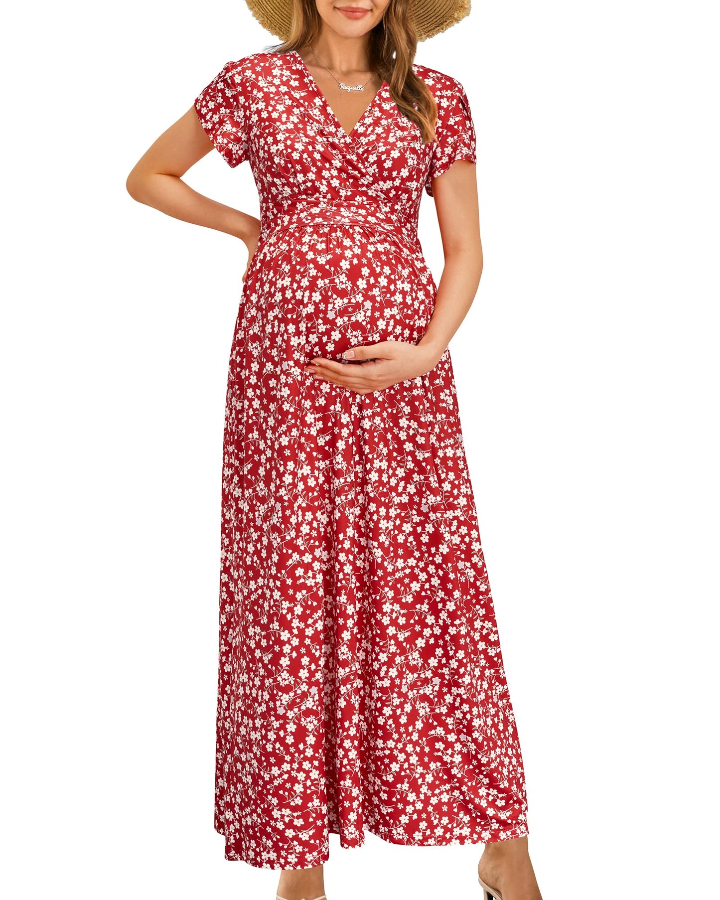 OUGES Maternity Maxi Dress Wrap V Neck Baby Shower Pregnancy Dresses for Photoshoot