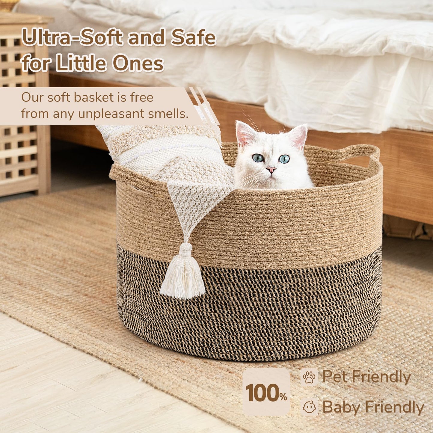 INDRESSME XXXLarge Cotton Rope Basket 21.7" x 21.7" x 13.8" Woven Baby Laundry Blanket Basket Toy Baskets with Handle Storage Comforter Cushions Thread Laundry Hamper