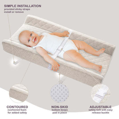 Organic Cotton Contoured Baby Changing Pad w/Waterproof Foam Mattress, Includes Soft, Removable & Washable Cover, Safety Strap, Non-Slip Bottom, Topper for Standard Size Infant Diaper Table & Dresser