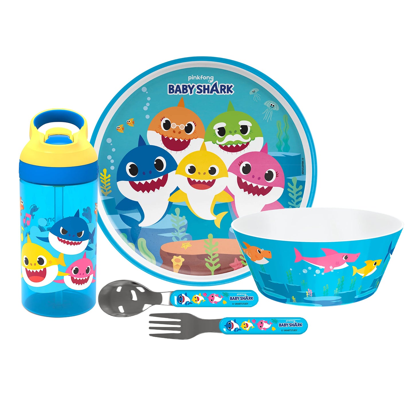 Zak Designs 5-Piece Dinnerware Set, Baby Shark - Durable Plastic & Stainless Steel - Includes Water Bottle, 8-Inch Plate, 6-Inch Bowl, Fork & Spoon - Suitable for Kids Ages 3+