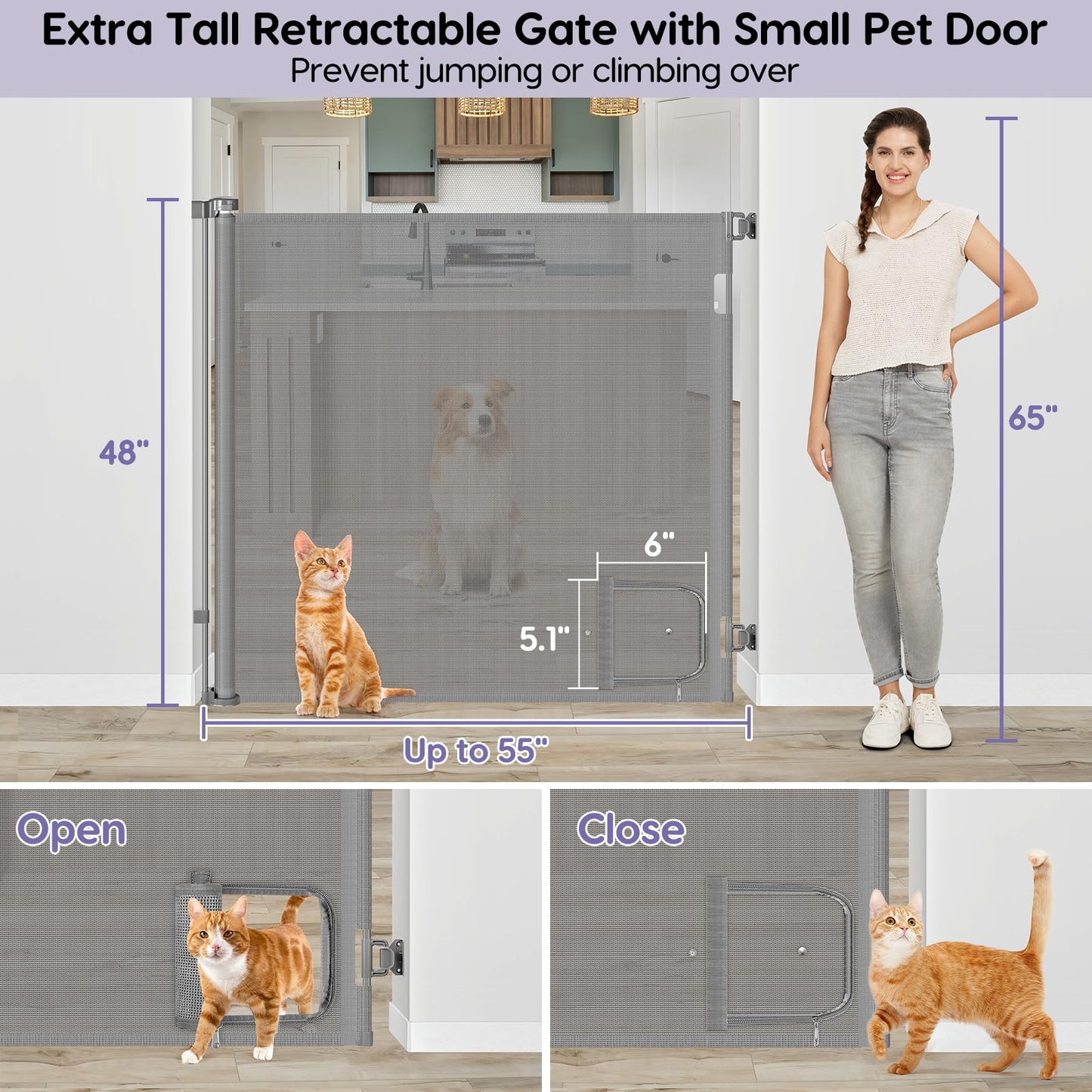 48 Inch Extra Tall Pet Gate Retractable Baby Gate with Cat Door - No Jumping Over, 55" Wide Retractable Dog Gate Indoor 4ft Extra Tall Cat Gate for Doorway Outdoor Deck Gate, White
