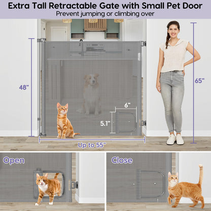 48 Inch Extra Tall Pet Gate Retractable Baby Gate with Cat Door - No Jumping Over, 55" Wide Retractable Dog Gate Indoor 4ft Extra Tall Cat Gate for Doorway Outdoor Deck Gate, White