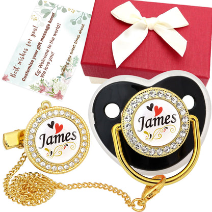 Personalized Pacifier Set with Name, BPA Free, Bling Gold Silver Pink Rose Gold Luxurious Ideal Gift for Newborns (Gold)