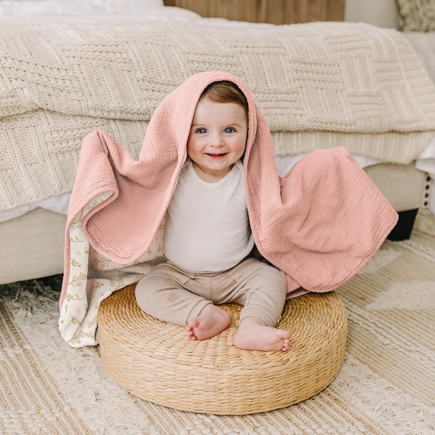 Konssy Muslin Baby Blankets for Girls Boys, 100% Cotton Crib Blanket for Infant Toddler, Super Soft and Lightweight Nursery Swaddling Wrap 40"x36" (Floral)