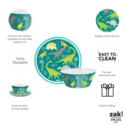 Zak Designs 5-Piece Dinnerware Set, Baby Shark - Durable Plastic & Stainless Steel - Includes Water Bottle, 8-Inch Plate, 6-Inch Bowl, Fork & Spoon - Suitable for Kids Ages 3+