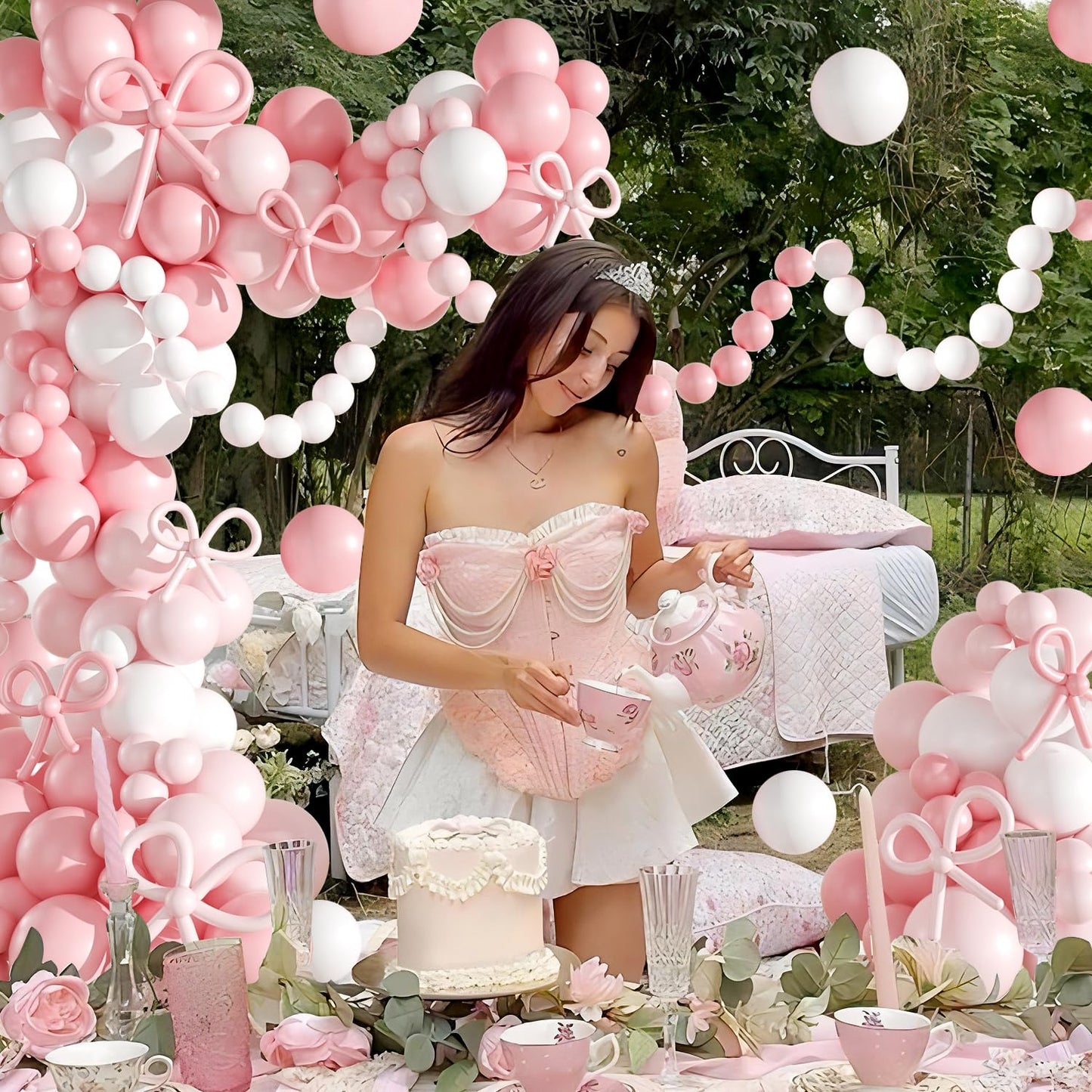 Pink Balloon Garland Arch Kit, Coquette Birthday Decorations 176Pcs Bow Long Balloons White and Pink Different Sizes for Wedding Bridal Baby Shower Bachelorette Party