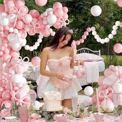 Pink Balloon Garland Arch Kit, Coquette Birthday Decorations 176Pcs Bow Long Balloons White and Pink Different Sizes for Wedding Bridal Baby Shower Bachelorette Party