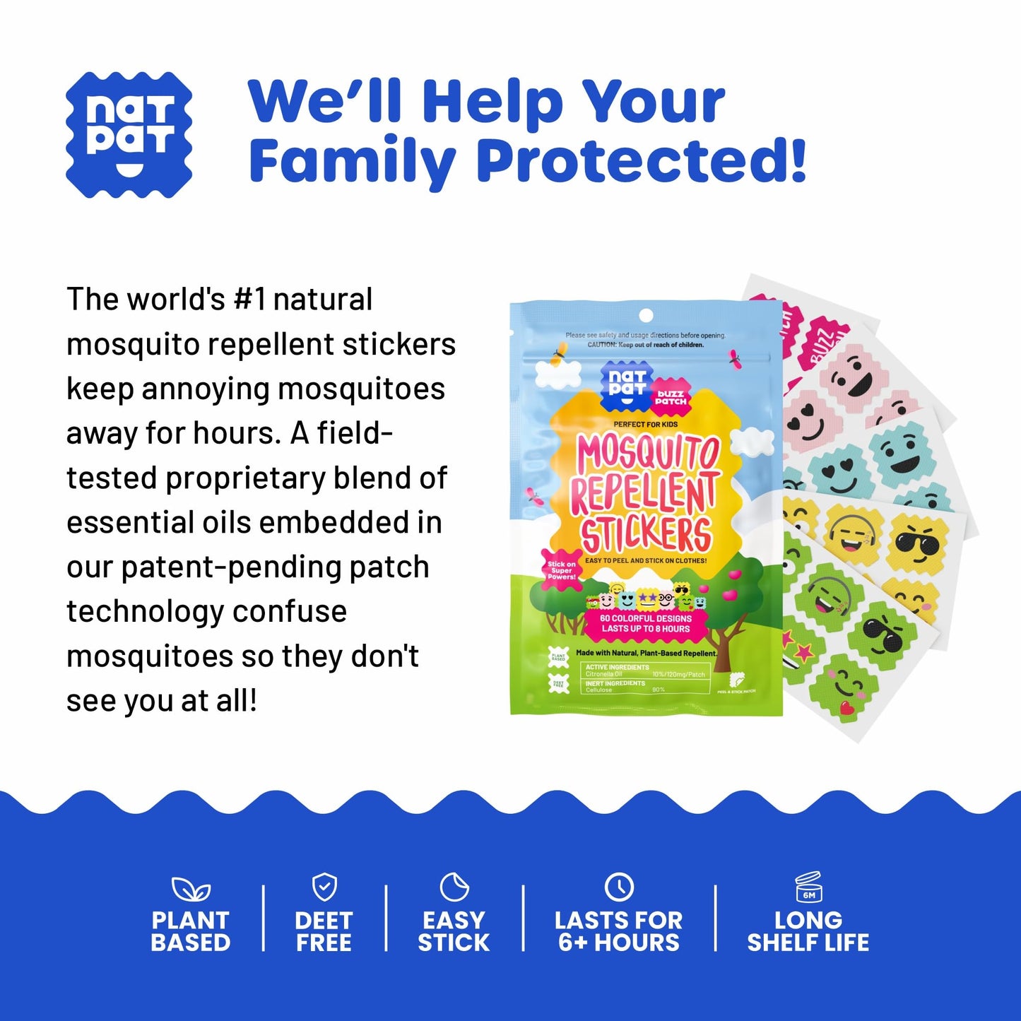 NATPAT Buzz Patch Mosquito Patch Stickers for Kids - Plant Based Ingredients, Non-Toxic - The Original All Natural Citronella Essential Oil Insect Patch, DEET Free, for Toddlers, Kids (60 Pack)