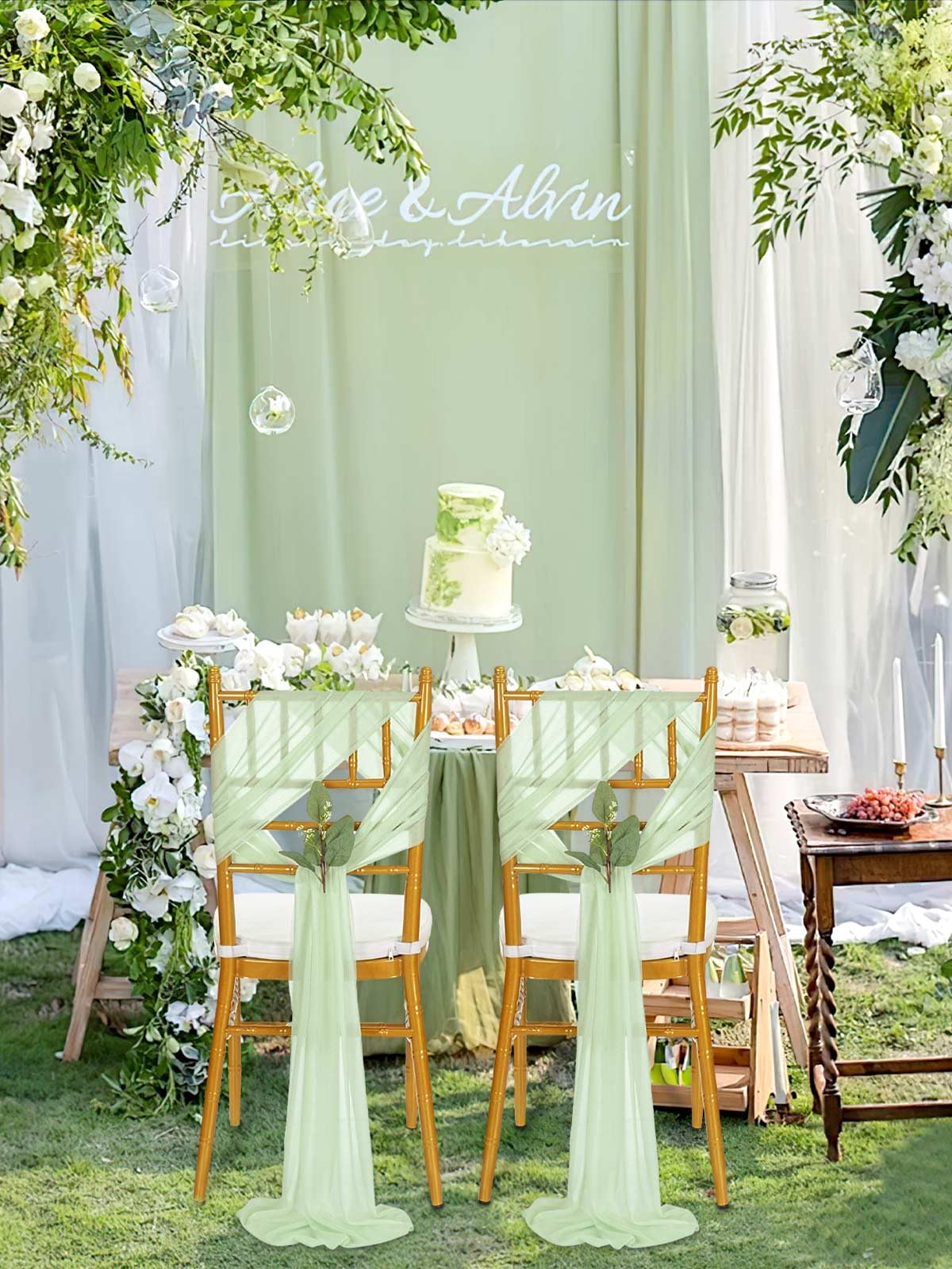 QueenDream Light Blue Sashes Chair Aisle Decorations: 24 Pack Baby Shower Chair Cover 8FT Long Tulle Draping Fabric Wedding Reception Church