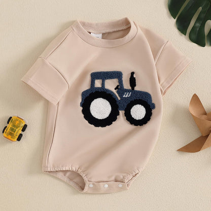 Baby Boy Summer Bubble Romper Tractor Embroidery Short Sleeve Bodysuit Infant Cute Outfit Farm Clothes