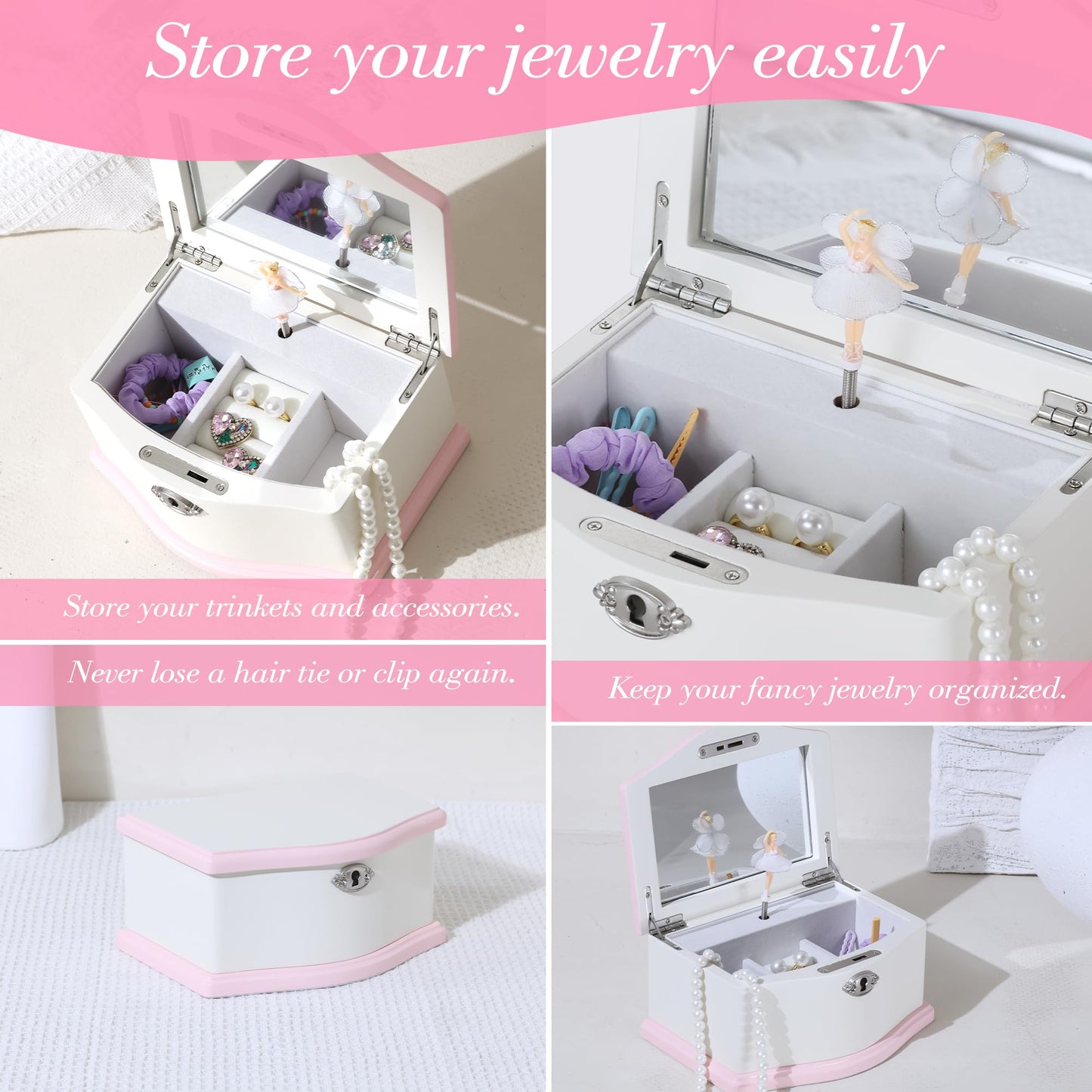 Medium Pink Ballerina Musical Jewelry Box with Mirror and Lock for Girls,Pink Kid's Jewelry Storage Music Chest,Gifts for Christmas,New Year and All Hoidays