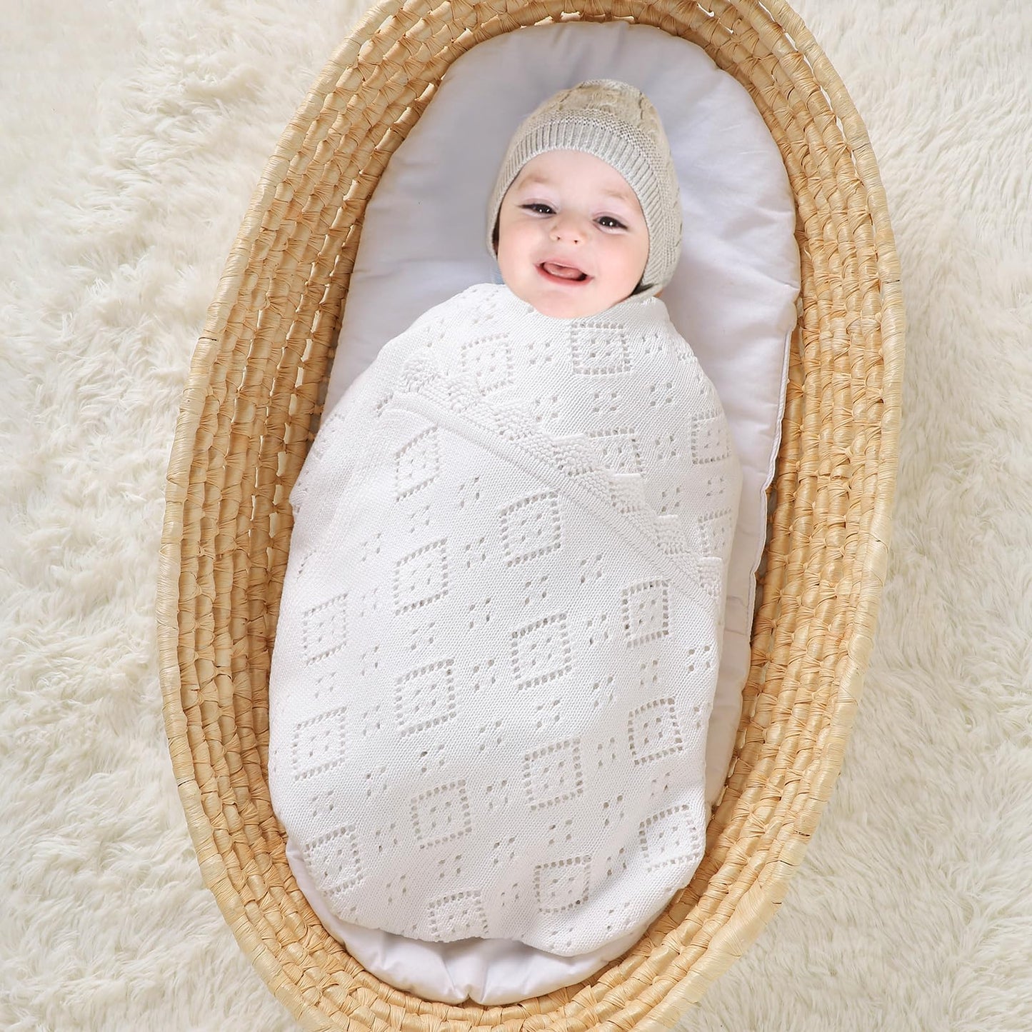 mimixiong Baby Swaddle Blanket 100% Cotton Gender Neutral Pointelle Receiving Blanket for Boys Girls Cuddle Stroller Crib Blanket (Oatmeal)