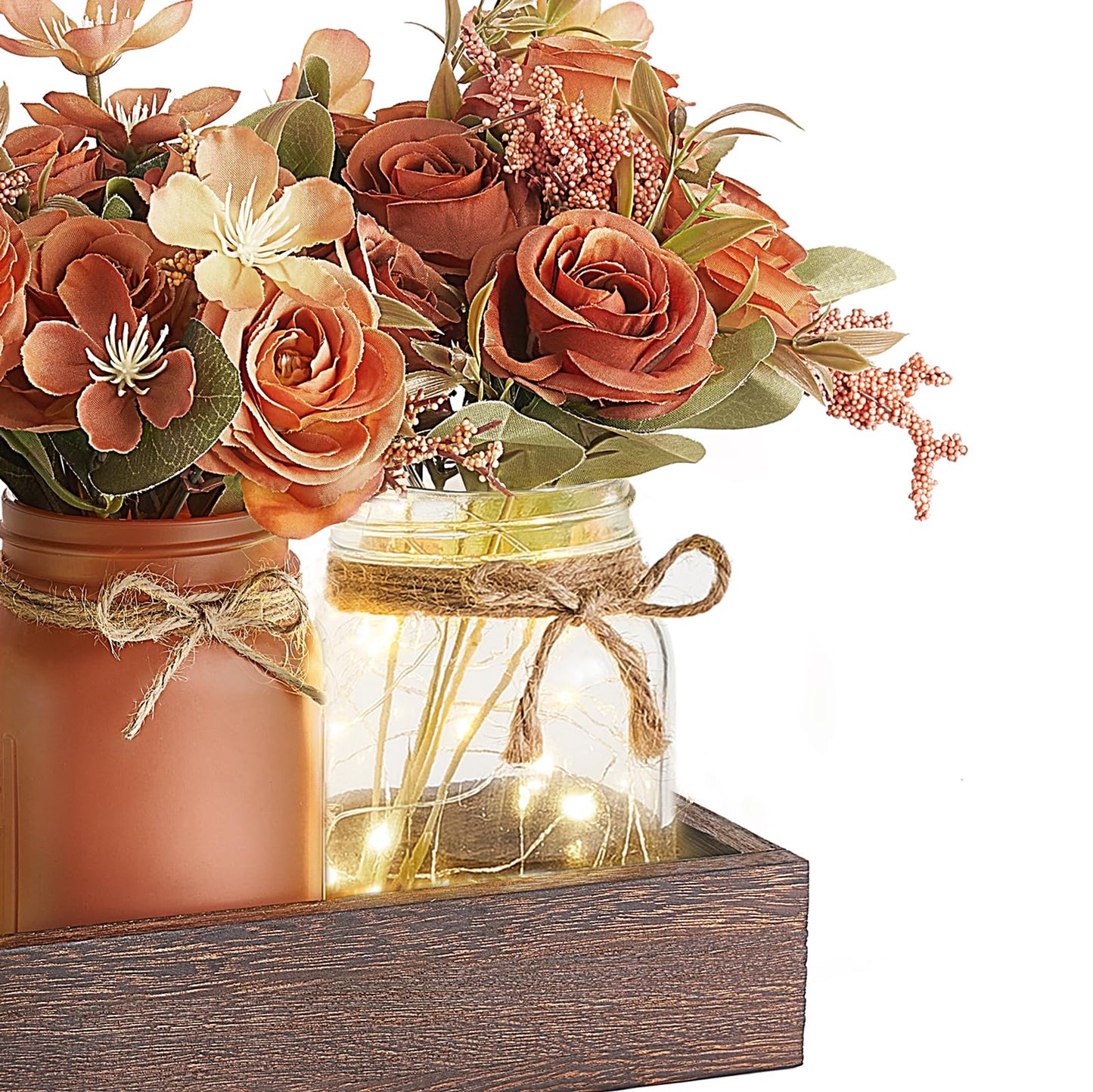 Mkono Mason Jar Lights Centerpiece Table Decor for Dining Room Farmhouse Wood Tray with 3 Jars Flowers Summer Decoration for Coffee Table Kitchen Living Room Wedding
