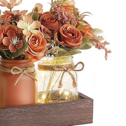 Mkono Mason Jar Lights Centerpiece Table Decor for Dining Room Farmhouse Wood Tray with 3 Jars Flowers Summer Decoration for Coffee Table Kitchen Living Room Wedding