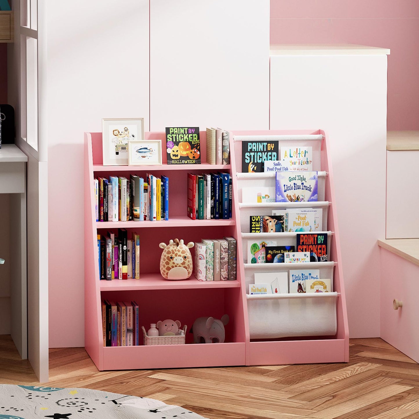 White Kids Bookshelf Wood Toy Storage Organizer Cabinet Children Bookcase Toddler Baby Sling Book Rack 3 Cube Bins Fabric Drawers for Playroom Bedroom Nursery School
