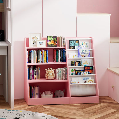 White Kids Bookshelf Wood Toy Storage Organizer Cabinet Children Bookcase Toddler Baby Sling Book Rack 3 Cube Bins Fabric Drawers for Playroom Bedroom Nursery School