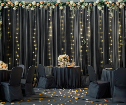 White Tulle Backdrop Curtain with Lights String for Parites 10×8ft Sheer Backdrop Curtains White Curtain Backdrop for Wedding Baby Shower Birthday Party Photo Shoot Decorations(2 Panels 10ft×8ft)