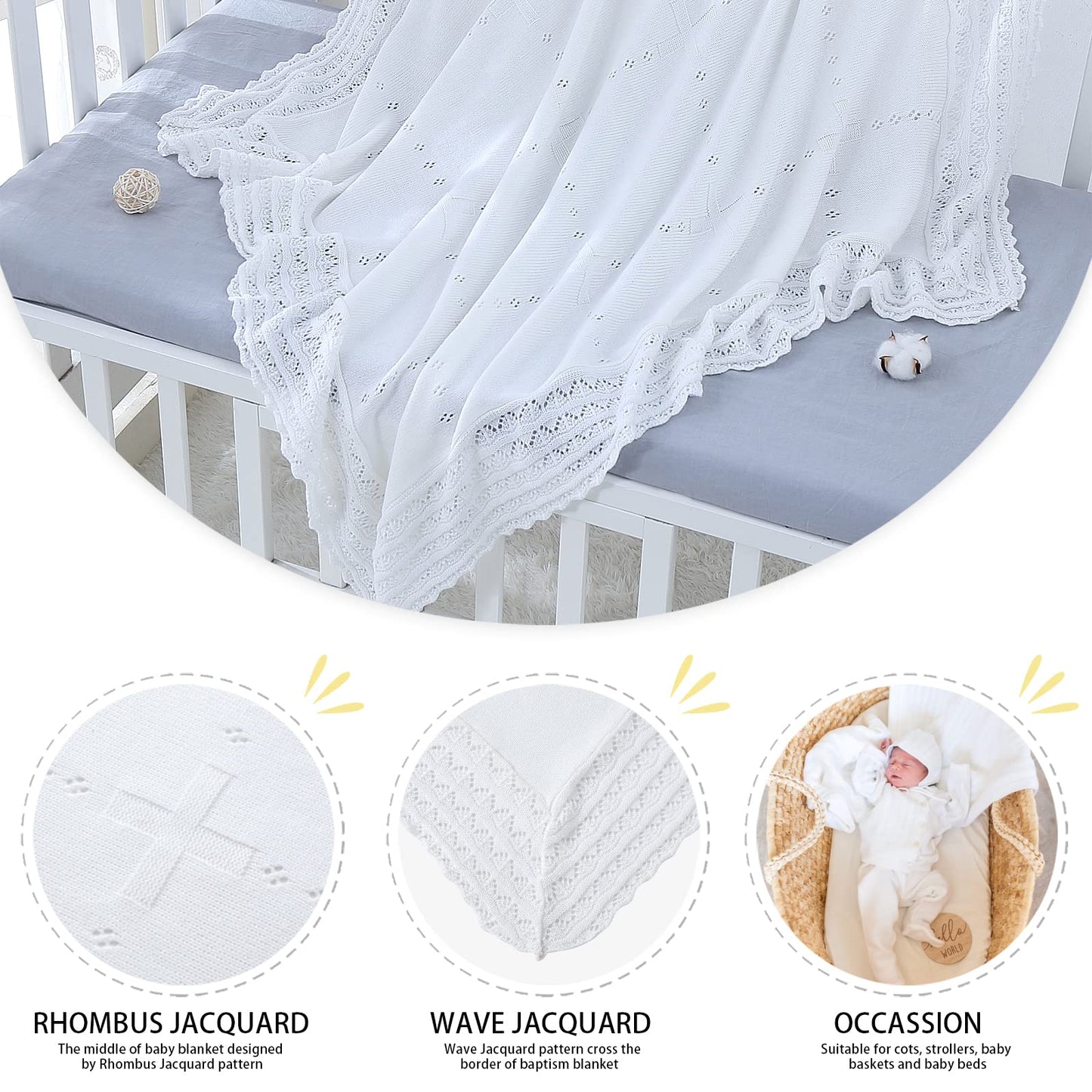 Booulfi Knit White Baby Blankets Neutral,Crib Stroller Newborn Blankets for Boys Girls,Cotton Lace Crochet Winter Blanket Nursery Blanket New Baby Essentials, 38X39