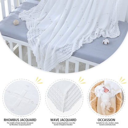 Booulfi Knit White Baby Blankets Neutral,Crib Stroller Newborn Blankets for Boys Girls,Cotton Lace Crochet Winter Blanket Nursery Blanket New Baby Essentials, 38X39