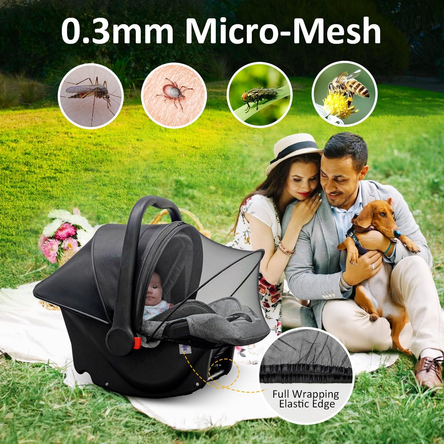 Universal Car Seat Canopy, Baby Car Seat Cover, Mosquito Net with Sunshade & Zipper - Breathable Mesh Infant Bug Net for Baby | Elastic Edge, Portable & Machine Washable