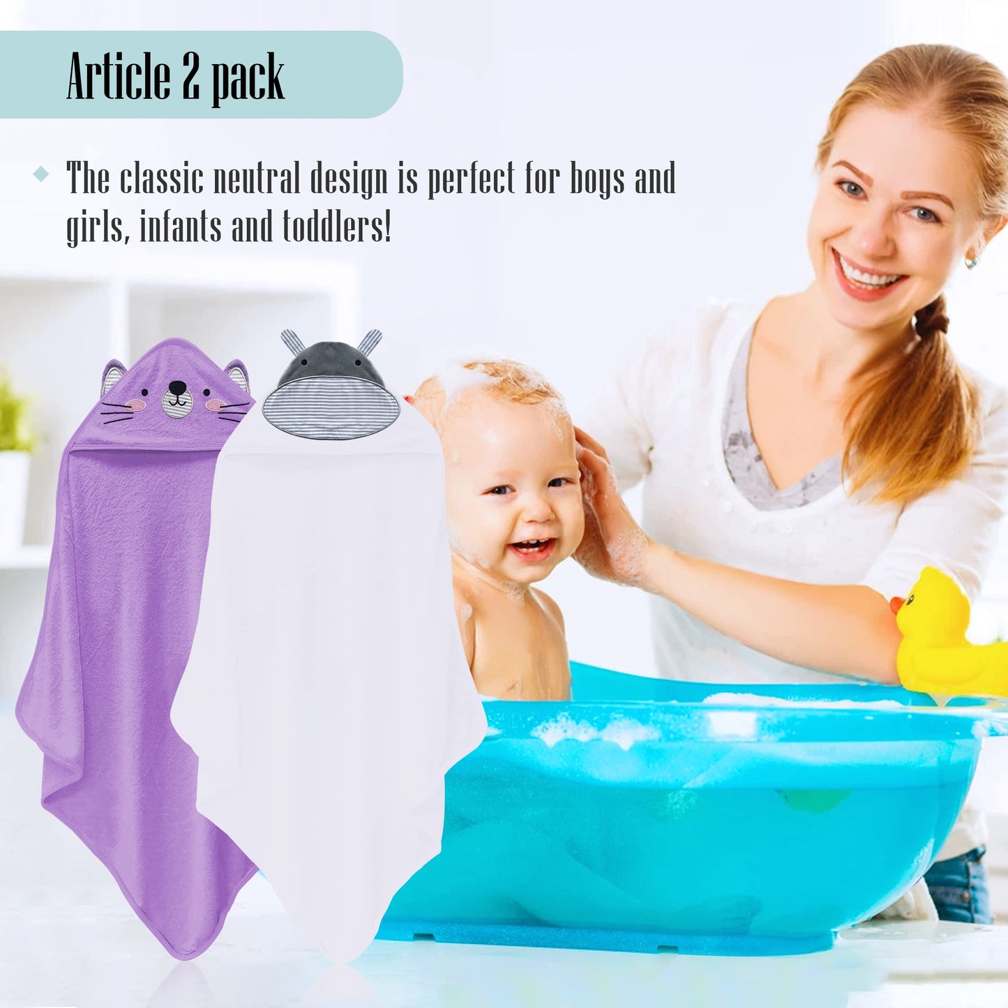 Cute Castle 2 Pack Hooded Baby Towel Rayon Made from Bamboo and 8 Washcloths - Lovely Elephant, Happy Bird