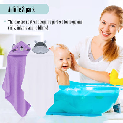 Cute Castle 2 Pack Hooded Baby Towel Rayon Made from Bamboo and 8 Washcloths - Lovely Elephant, Happy Bird