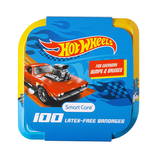 Hot Wheels Bandage Kit, Bandaids for Kids, Ideal for Boys, Infants and Children, Latex-Free Band Aids, Ft a Collectible Hot Wheels Tin Case, Variety Pack with 3 Assorted Sizes, 100 ct.