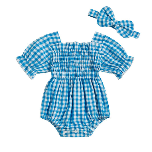 Infant Baby Girls Romper Ruffle Sleeve Pleated Smocked Bubble Plaid One Piece Ruched Jumpsuit Summer Bodysuit