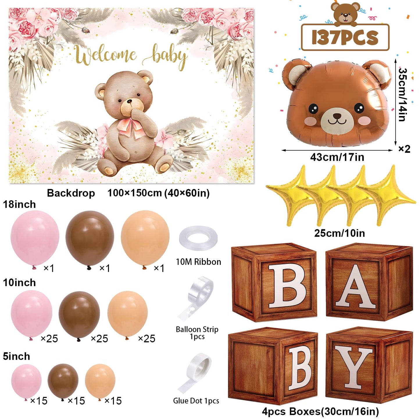 117 Teddy Bear Baby Shower Decorations for Boy Birthday Supplies Brown Blue Balloon Garland Kit Wood Grain Boxes with Letters Bearly Wait Backdrop Bear Theme Baby Shower Decor