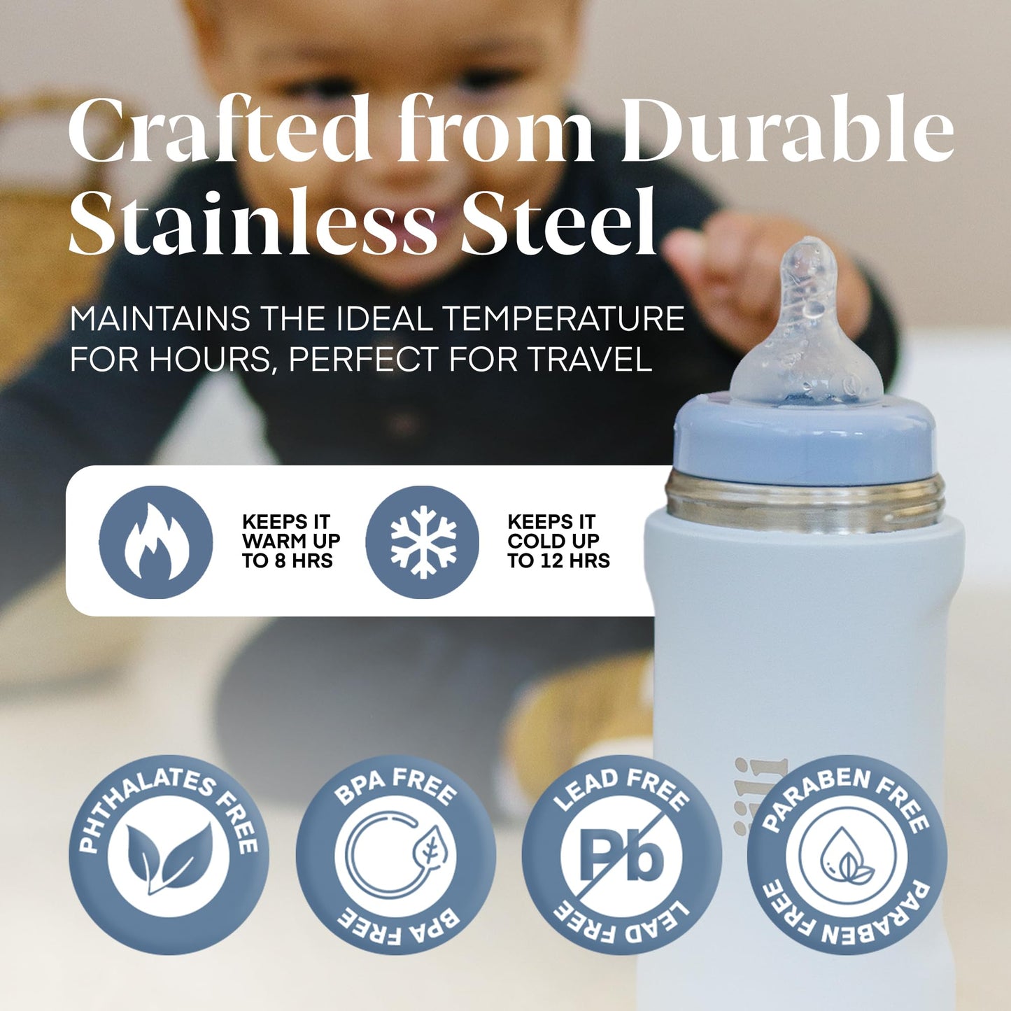 Jili All-in-One Baby Bottle, Insulated Stainless Steel Bottle with Formula Container, Anti-Colic Nipple, and Leak-Proof Lid, Baby Essentials for Travel, BPA and Phthalates-Free, Almond, 11 oz.
