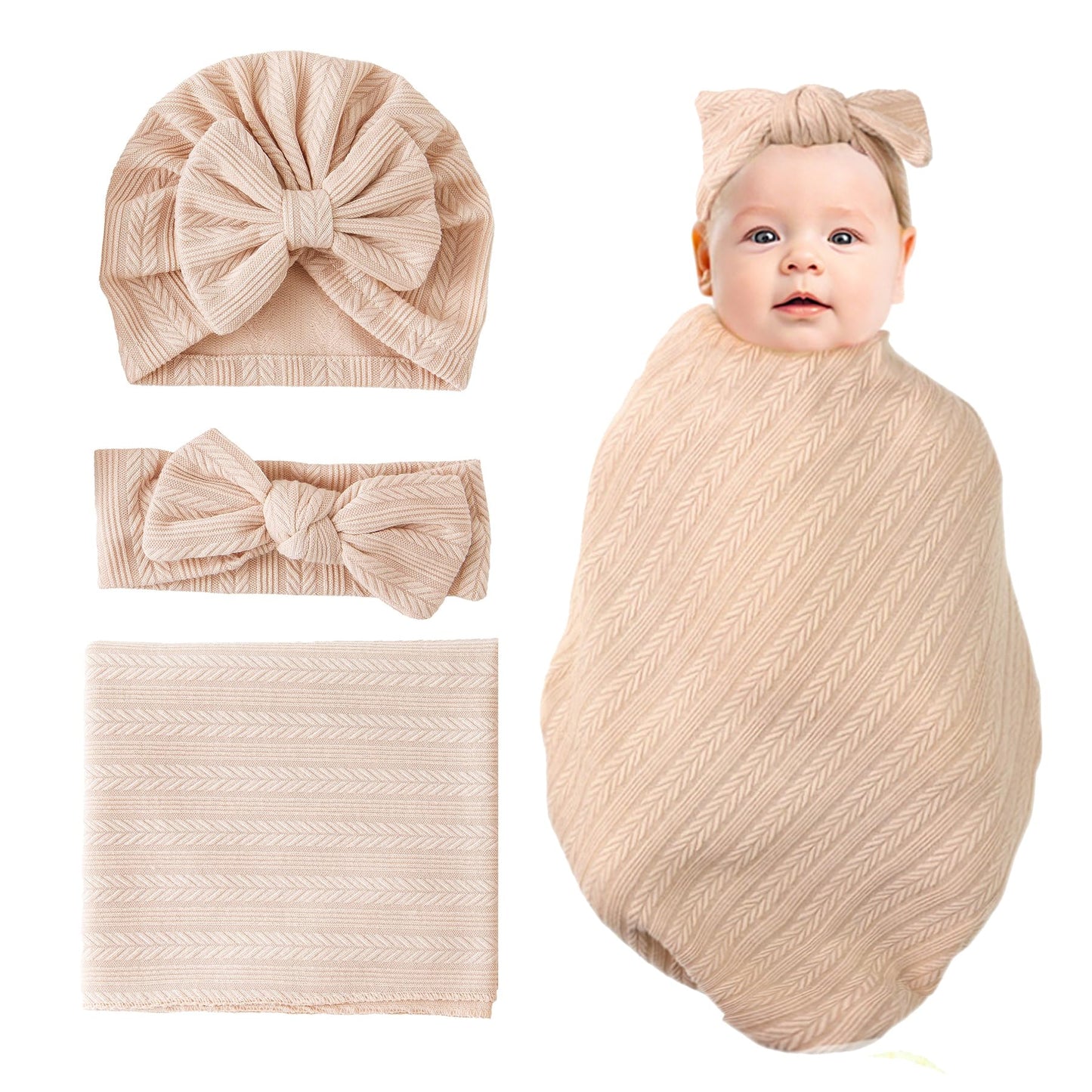 Jastore Baby Infant Swaddle Blankets for Girls 3PCS Newborn Accessories Set with Matching Hat and Bow Headband (Pale Pink, 33"*35")