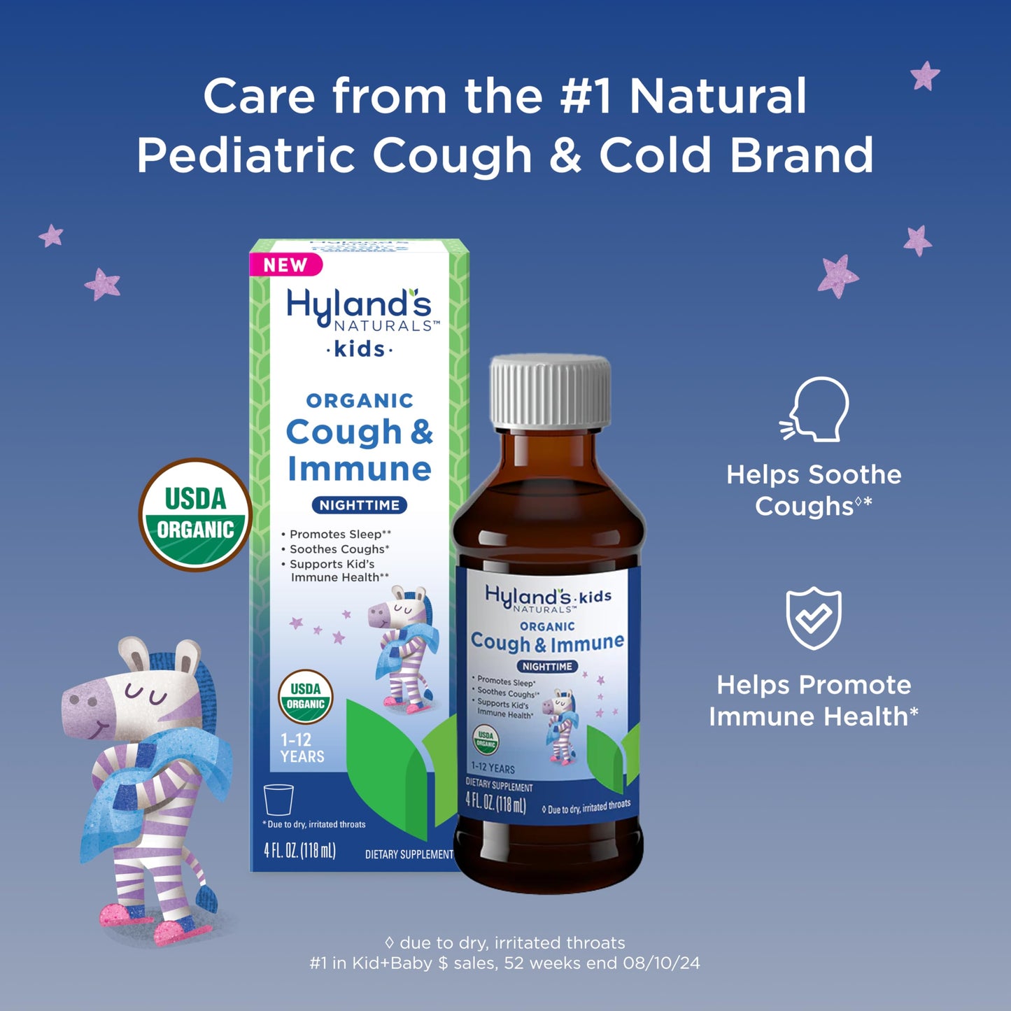 Hyland's Kids Nighttime Organic Cough Syrup and Immune Support with Agave, Elderberry and Pomegranate, Soothes Cough, and Supports Immunity, 4 Fl. Oz.