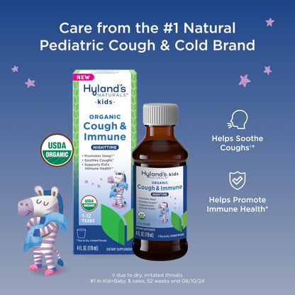 Hyland's Kids Nighttime Organic Cough Syrup and Immune Support with Agave, Elderberry and Pomegranate, Soothes Cough, and Supports Immunity, 4 Fl. Oz.