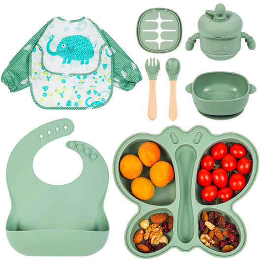 Silicone Baby Feeding Set, Baby Led Weaning Supplies, Silicone Suction Butterfly Plate, Bowl, Spoons, Fork and Waterproof Bib & Cloth Bib, Eating Utensils Baby Feeding Essentials (Purple)