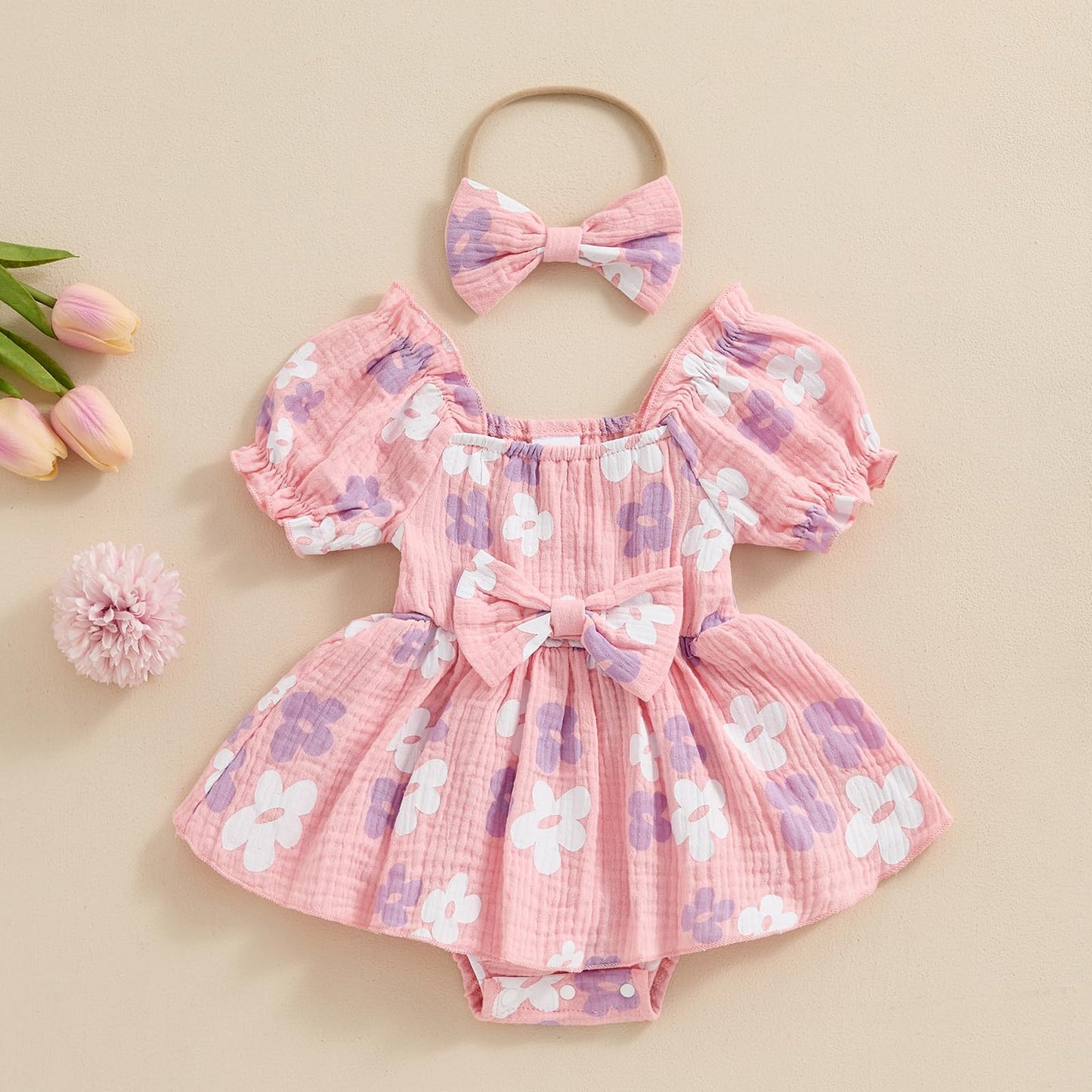 Baby Girls Daisy Romper Bowknot Bodysuit+Headband Short Sleeve Playsuits Floral Jumpsuit Infant Summer Clothes