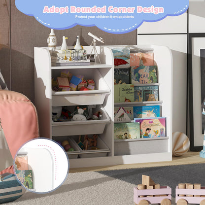 White Kids Bookshelf Wood Toy Storage Organizer Cabinet Children Bookcase Toddler Baby Sling Book Rack 3 Cube Bins Fabric Drawers for Playroom Bedroom Nursery School