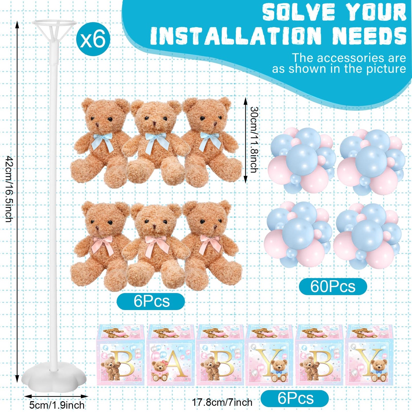 Lenwen 6 Sets Pink Bear Decorations for Baby Shower, Baby Letter Boxes Baby Shower Table Centerpieces Bear Stuffed Animals Balloon with Stand Bear Plush Toy Baby Boxes for Birthday Party Wedding