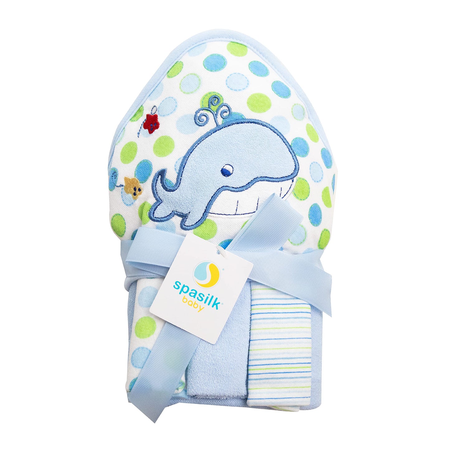 Spasilk Baby Bath Hooded Terry Towel with 3 Washcloths, Baby Bath Essentials, One Size, Blue Whale