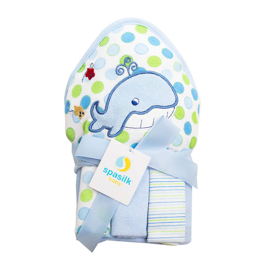 Spasilk Baby Bath Hooded Terry Towel with 3 Washcloths, Baby Bath Essentials, One Size, Blue Whale